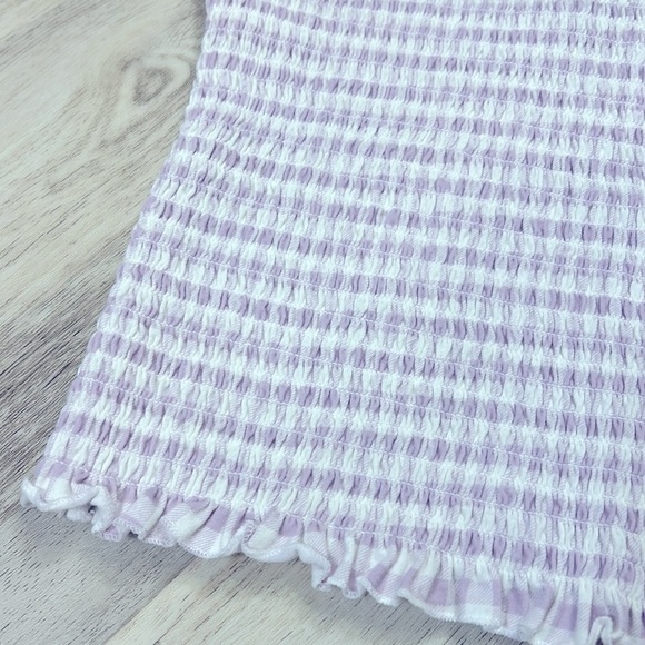 Lavender & White Gingham Print Ruffled Hem High-Neck Racerback Smocked Gauze Top - Picture 5 of 10